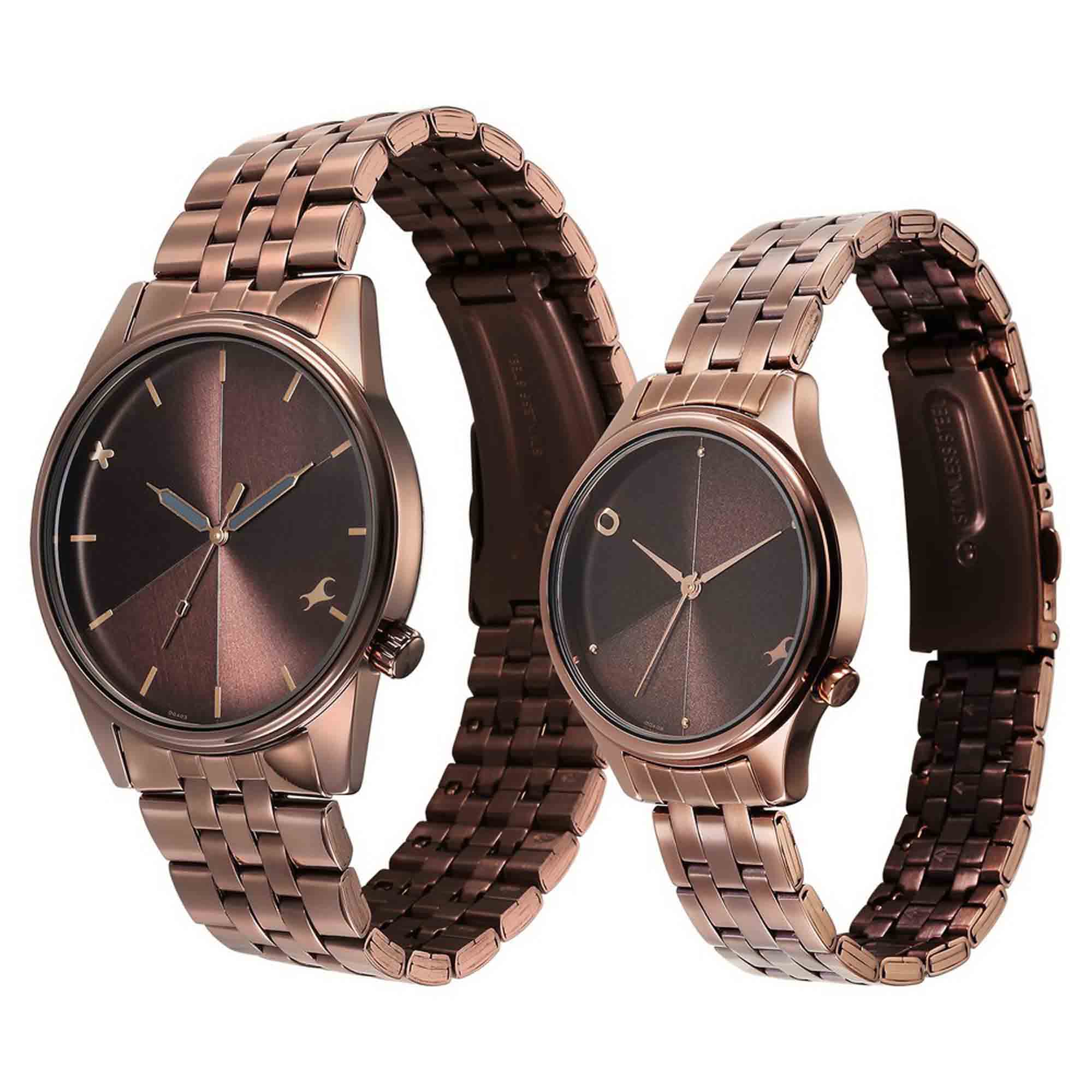Fastrack Couple Watch Brown Dial with Brown Stainless Steel Band, 3305QM02P