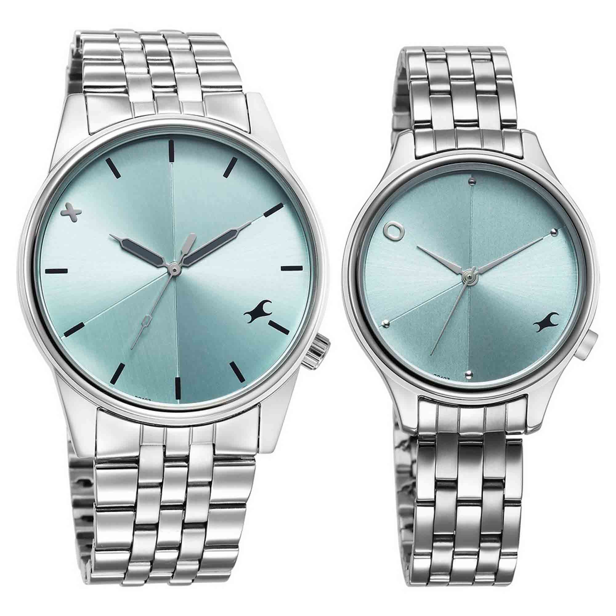 Fastrack Couple Watch Analog Blue Dial with Silver Stainless Steel Band, 3305SM02P