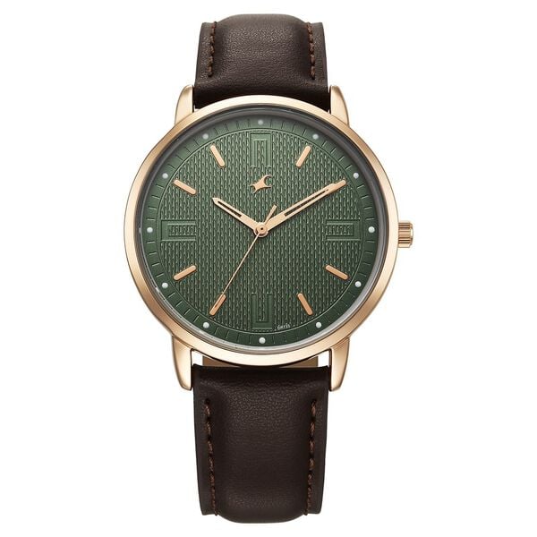 Fastrack Stunners Quartz Analog Men's Watch With Green Dial and Brown Leather strap, 38159WL01
