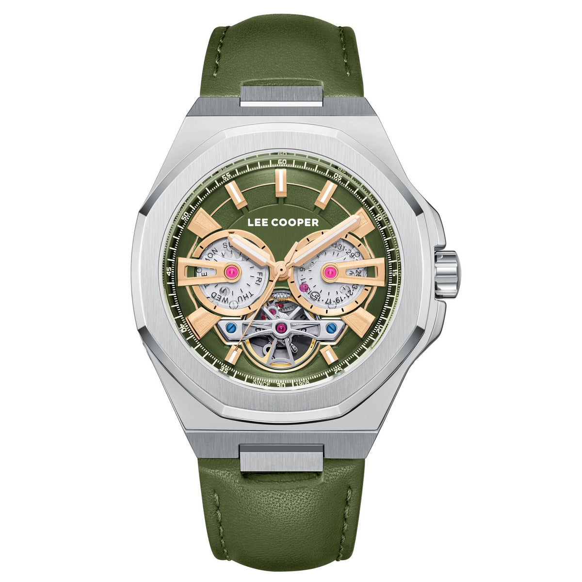Lee Cooper Men's Automatic Watch Analog Green Dial with Green Leather Strap, LC08125.375