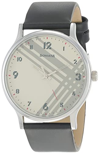 Sonata Quartz Analog Men's Watch, White Dial Leather Strap, 77105SL01