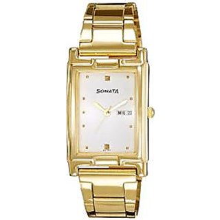 Sonata Men's Watch Analog White Dial With Gold Stainless Steel Band, 7041YM01