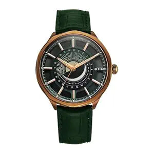 Titan Stellar Analog Men's Watch with Sun Moon Phase and Green Dial and Green Leather Strap,10028QL01


