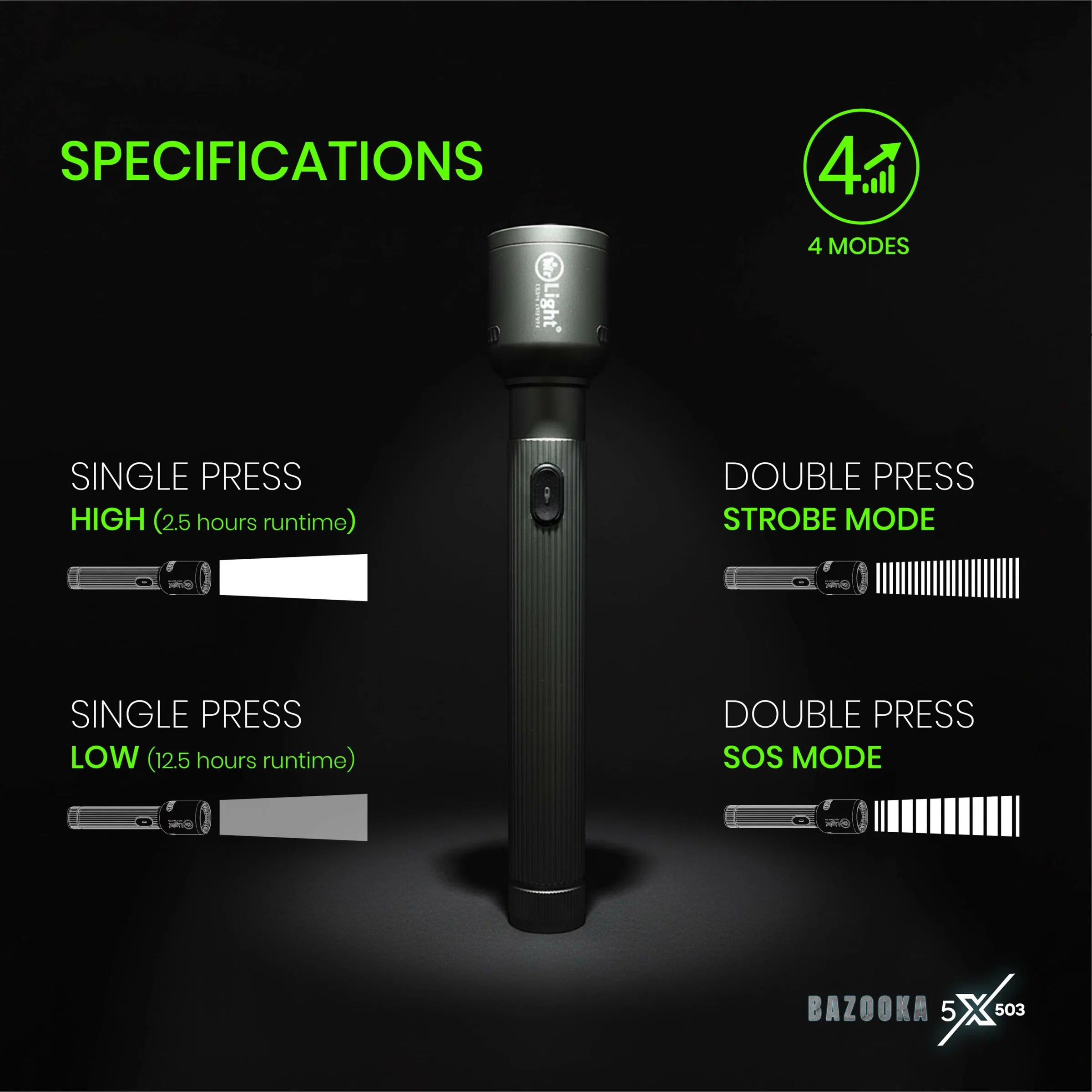 Mr.Light Bazooka Rechargeable Flashlight, BAZOOKA5XGD503 Mr.Light Flashlight BAZOOKA5XGD503