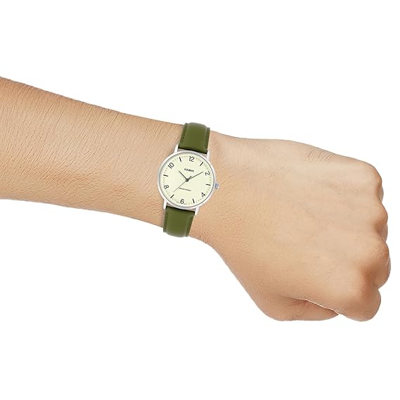 Casio Men's Watch Analog Beige Dial with Green Leather Strap, MTP-VT03L-7BDF