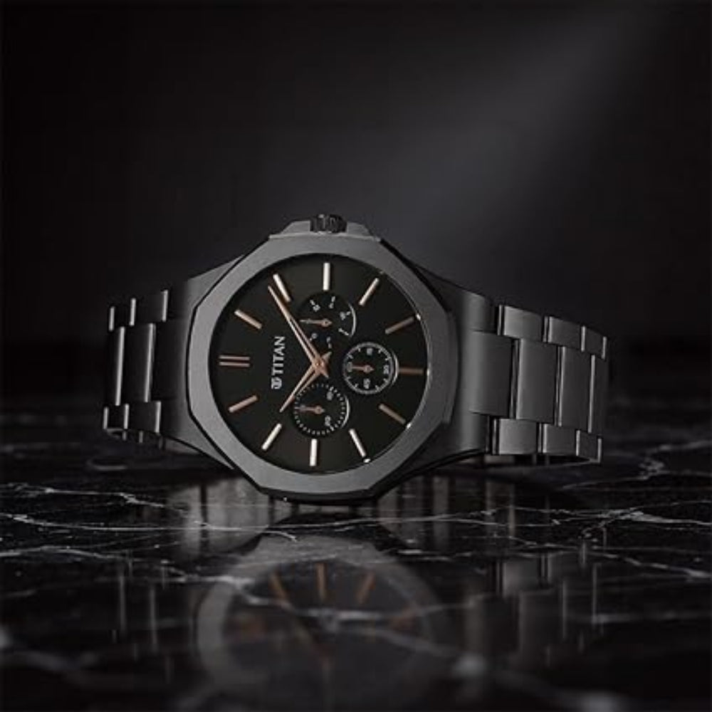 Titan Classic Slim Men's Multifunction Watch Black Dial with Black Stainless Steel Band, 90198NM01