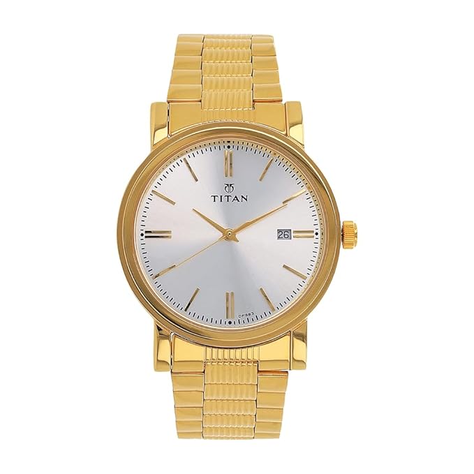 Titan Quartz Analog Men's Watch with Date display and Silver Dial with Golden Stainless Steel Strap,1712YM02