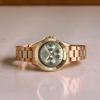 Titan Glamour Quartz Women's  Multifunction Green Dial Rose Gold Stainless Steel Strap Watch  95315KM03