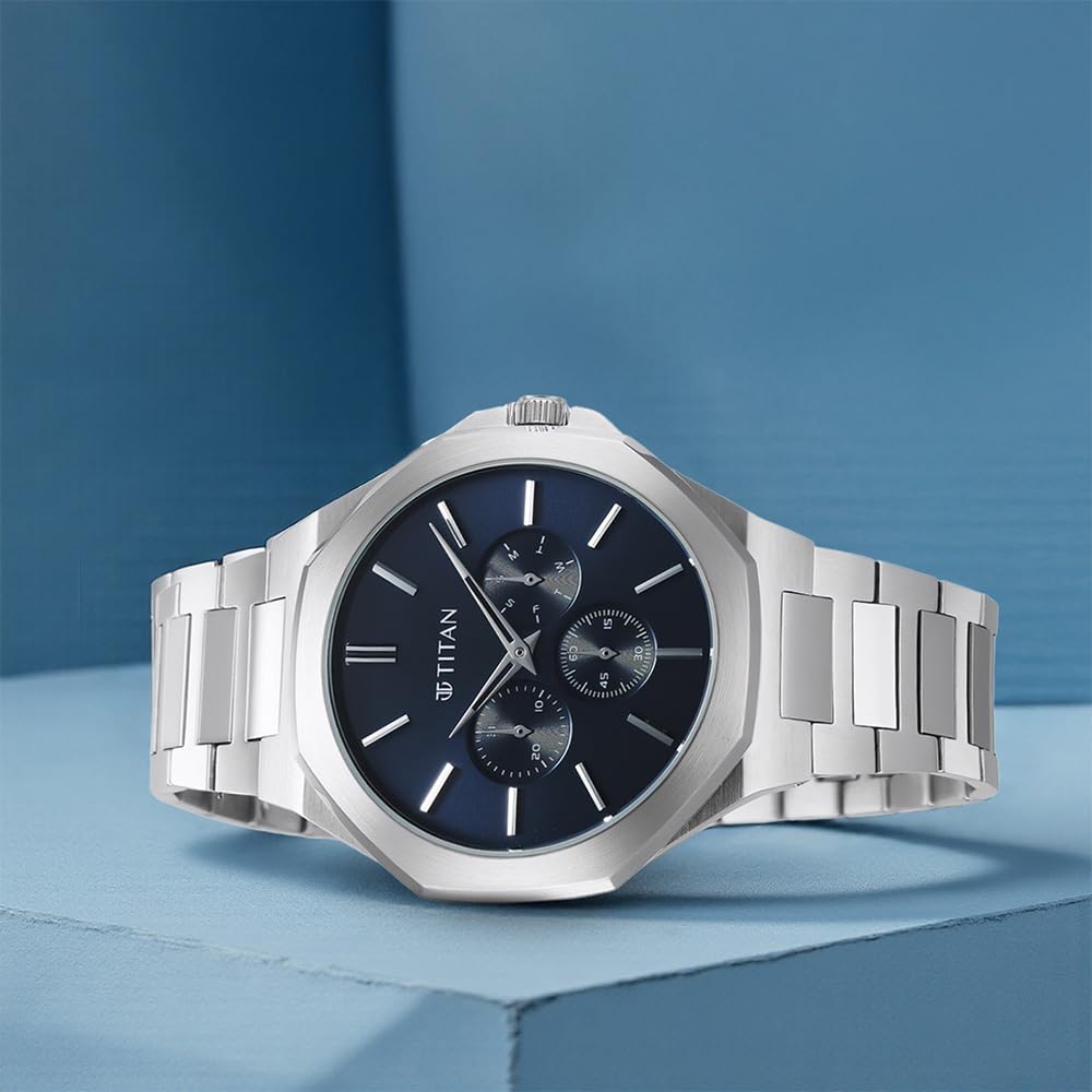 Titan Classic Slim Men's Multifunction Watch Blue Dial with Silver Stainless Steel Band, 90198SM01