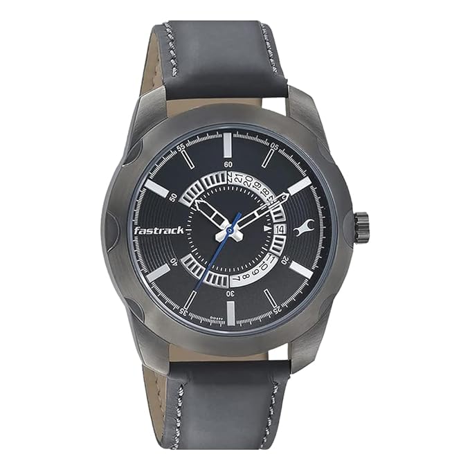 Fastrack Men's Watch Analog, Grey Dial Grey Leather Strap, 3123QL01