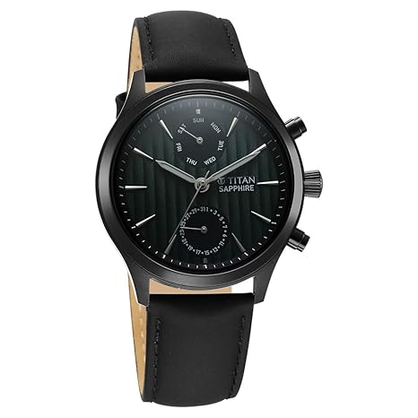 Titan Sapphire Men's Multifunction Watch Analog Green Dial with Black Leather Band, 1874NL01