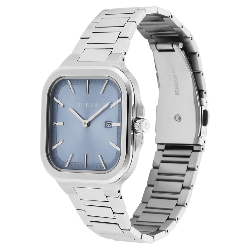 Titan Classique Slim Square Men's Watch Analog Blue Dial Silver Stainless Steel Band, 90176SM01