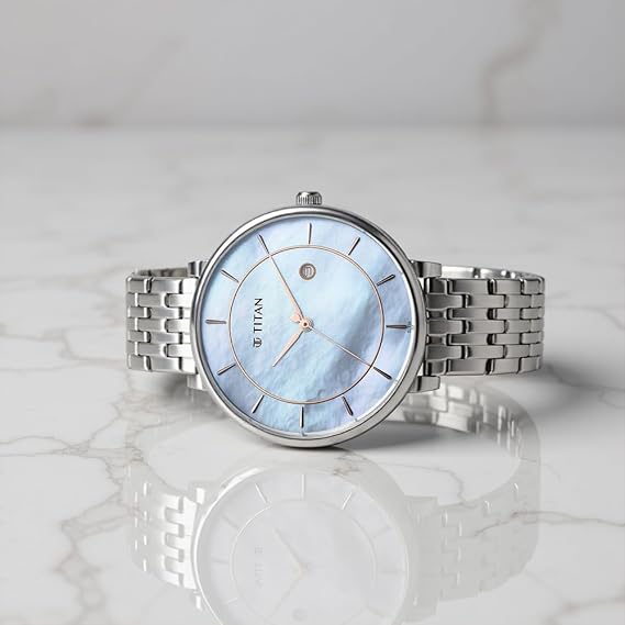 Titan Workwear Women's Watch Analog Mother of Pearl Dial With Silver Stainless Steel Band, 2673SM01