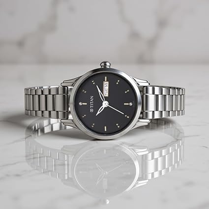 Titan Lagan Women's Watch Analog Black Dial with Silver Stainless Steel Band, 2656SM03