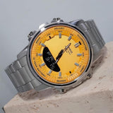 Casio Men's Watch Analog-Digital Yellow Dial With Silver Stainless Steel Band, AMW-880D-9AVDF