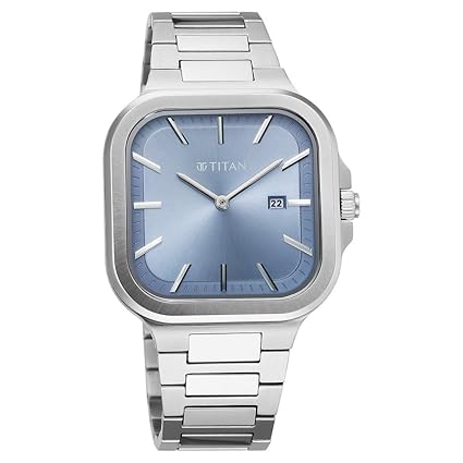 Titan Classique Slim Square Men's Watch Analog Blue Dial Silver Stainless Steel Band, 90176SM01