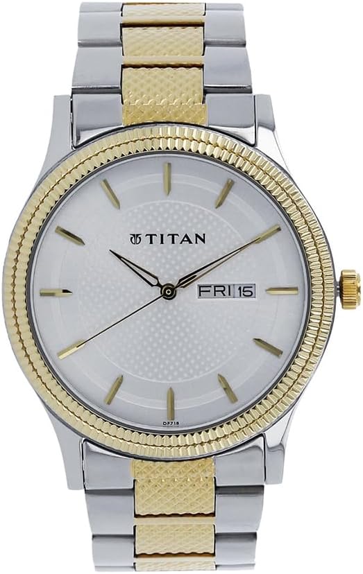 Titan Octane Analog Men's Watch with Day and Date display and White dial and Silver stainless steel strap, 1644BM03