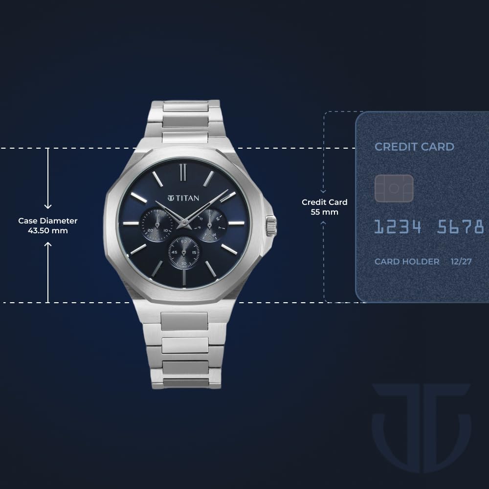 Titan Classic Slim Men's Multifunction Watch Blue Dial with Silver Stainless Steel Band, 90198SM01