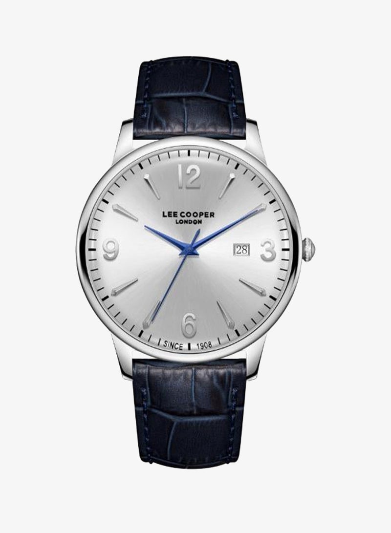 Lee Cooper Men's Analog Watch with Silver Dial and Dark Blue Leather Band, LC08379.339