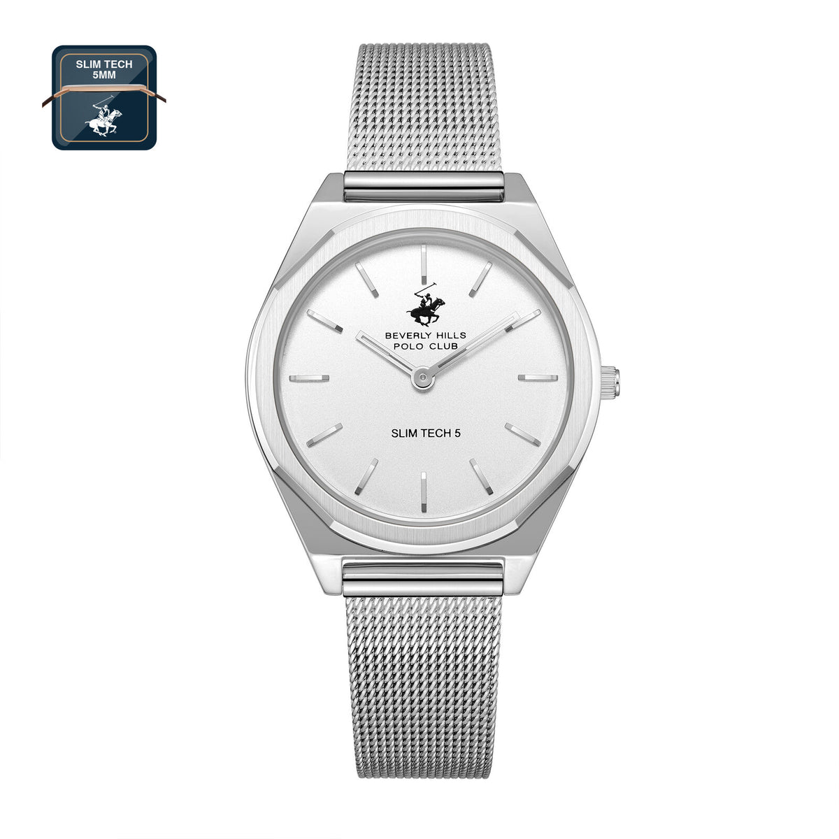 Beverly Hills Polo Club Slim Tech 5 Women's Watch Analog Silver Dial with Silver Mesh Band, BP3711X.330