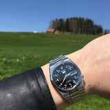 Seiko 21 Jewels Arabic Dial Men's Watch Analog Black Dial with Silver Stainless Steel Band, SNK063J5