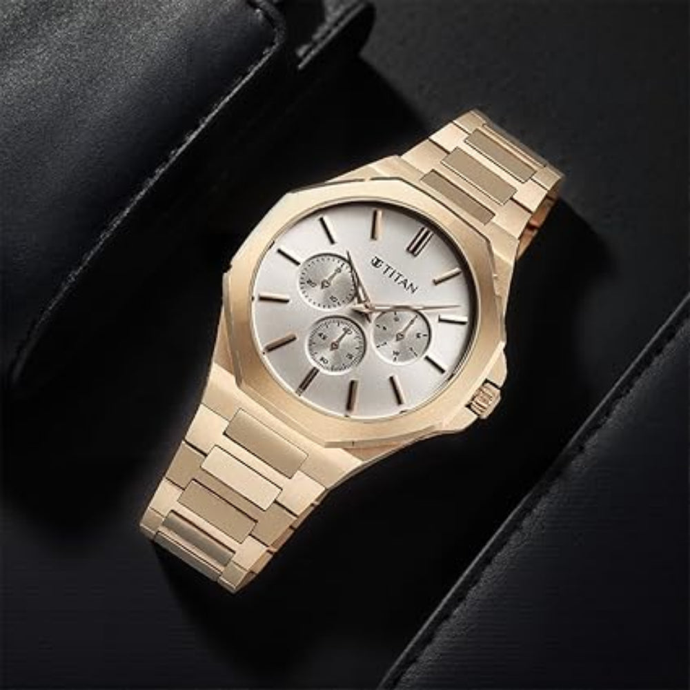Titan Classic Slim Men's Multifunction Watch Silver Dial with Rose Gold Stainless Steel Band, 90198WM01