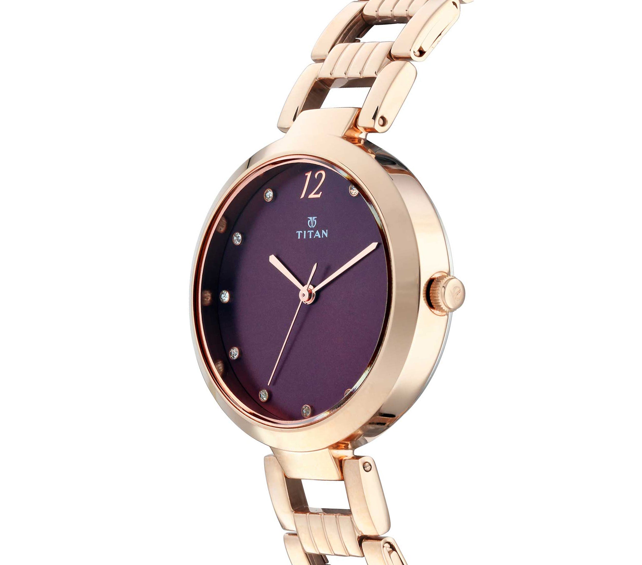 Titan Women's Watch Purple Dial Rose Gold Stainless Steel Strap Watch, 2480WM02