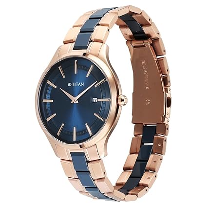 Titan Ceramic Fusion Men's Quartz Analog Watch Blue Dial with Dual-Tone Stainless Steel Strap Watch 90142KD03
