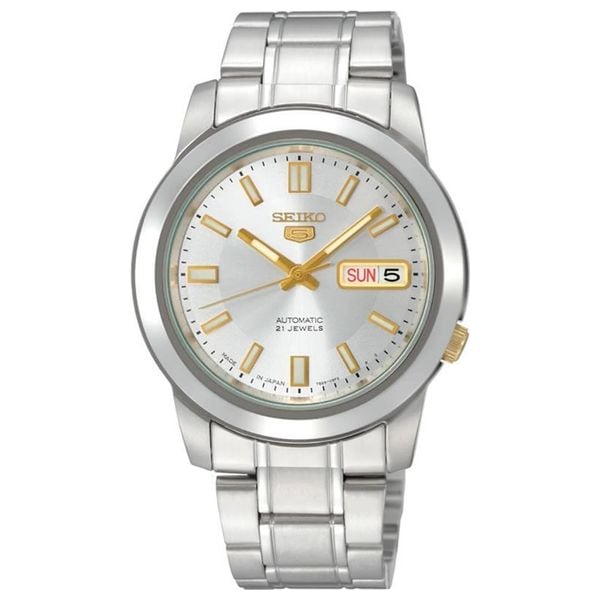 Seiko 21 Jewels Men's Automatic Watch Analog White Dial with Silver Stainless Steel Band, SNKK09J