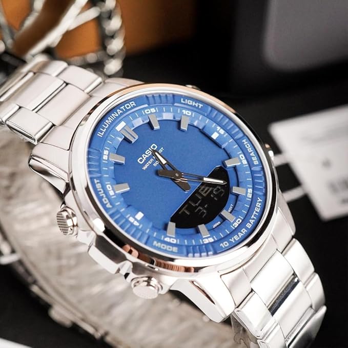 Casio Men's Watch Analog-Digital Blue Dial With Silver Stainless Steel Band, AMW-880D-2A1VDF