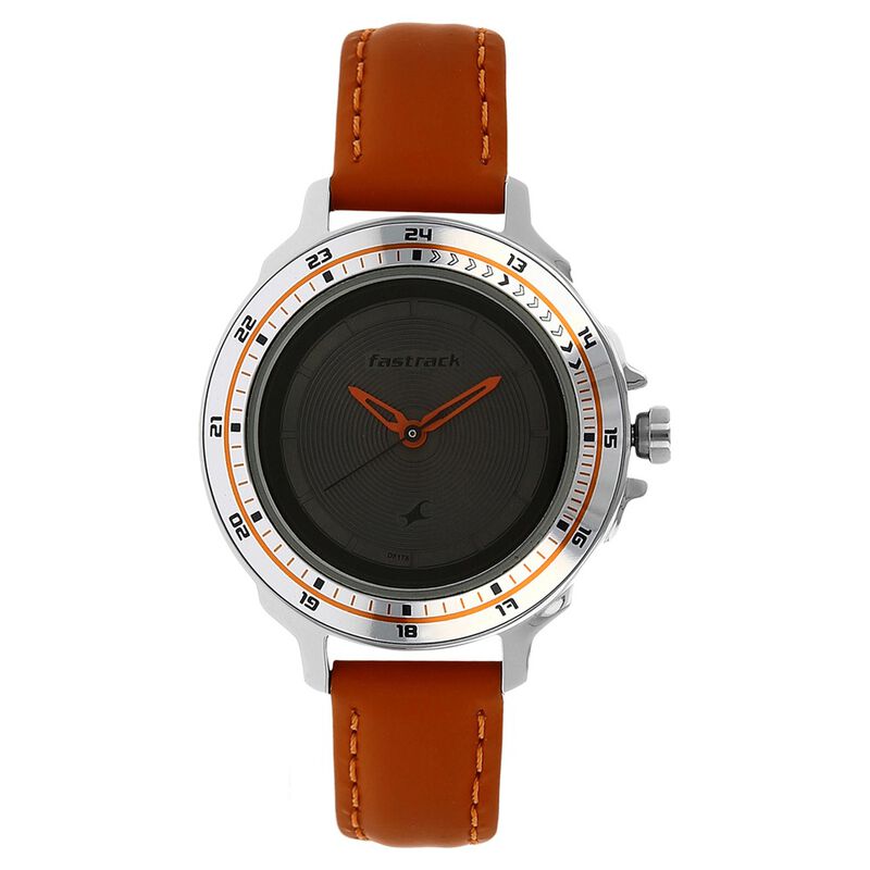 Fastrack, Women’s  Watch Analog, Charcoal Grey Dial, Orange Leather Strap, 6135SL01