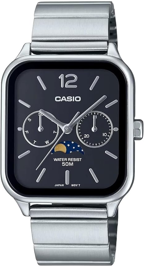 Casio Men's Watch,  Black Multi-Dial Moon phase, Stainless Steel Strap, MTP-M305D-1AVDF