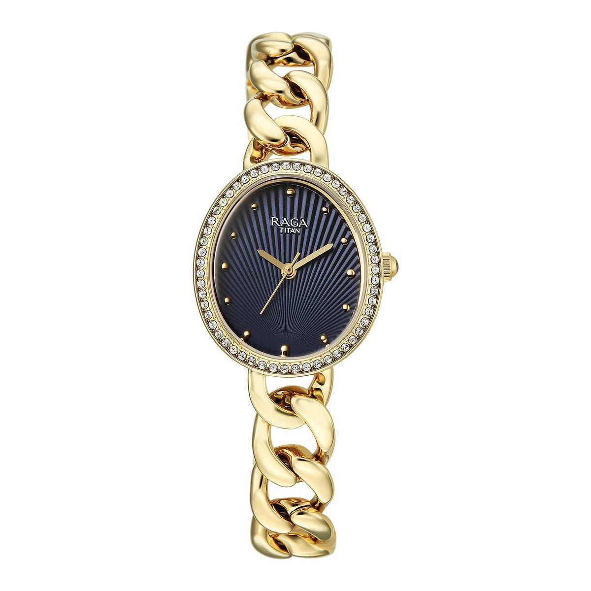 Titan Raga Spotlight Women's Quartz Analog Watch, Blue11 Dial, Gold Metal Strap, TI-95429YM01