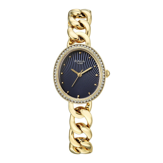 Titan Raga Spotlight Women's Quartz Analog Watch, Blue11 Dial, Gold Metal Strap, TI-95429YM01