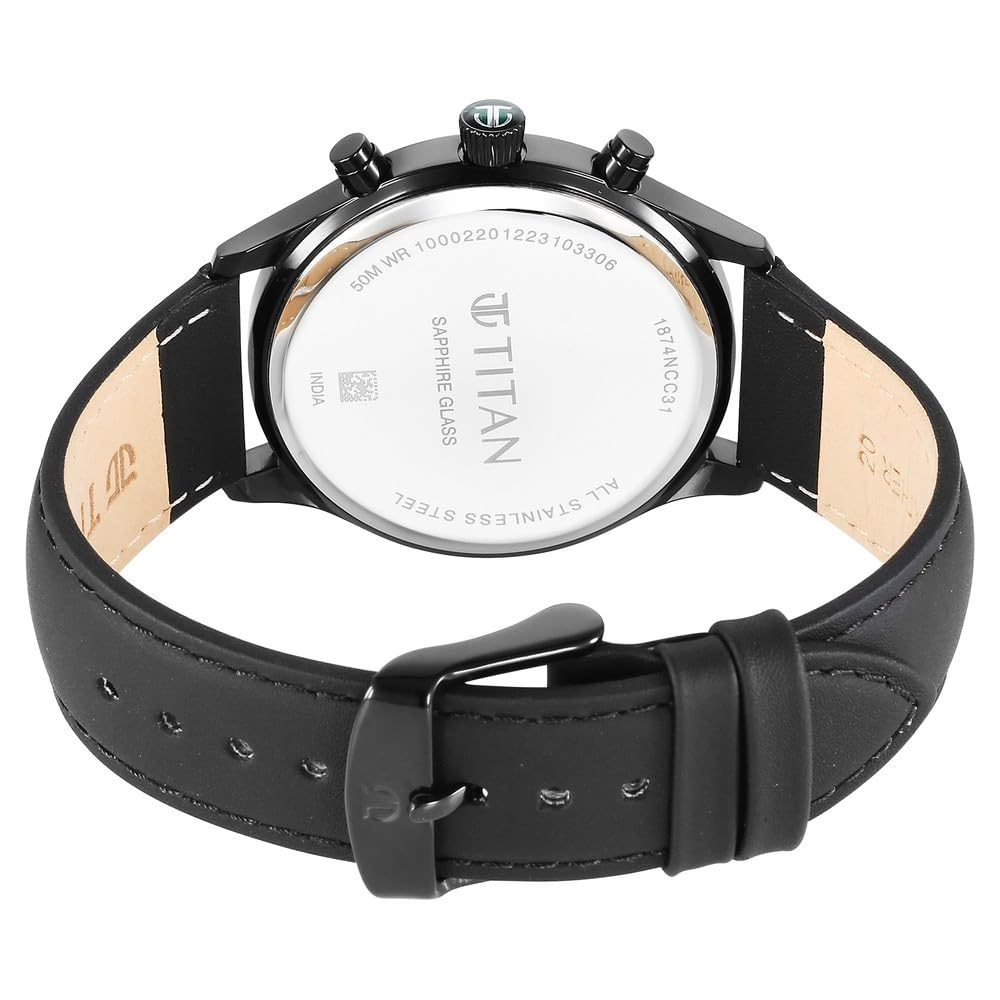 Titan Sapphire Men's Multifunction Watch Analog Green Dial with Black Leather Band, 1874NL01
