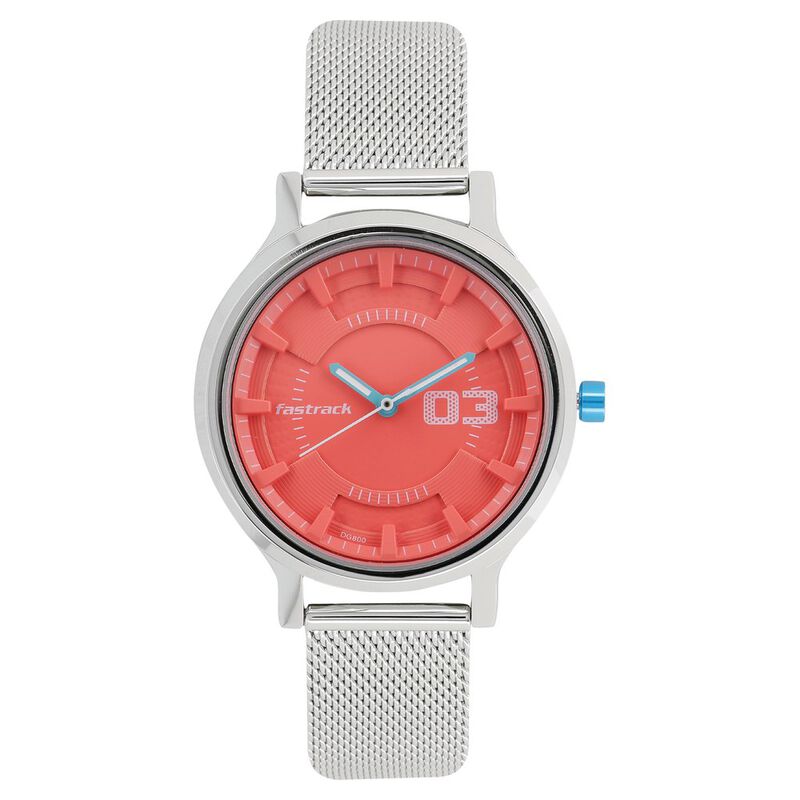 Fastrack, Women’s  Watch Analog, Red Dial Silver Stainless Steel Band, 6166SM02