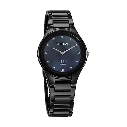 Titan Women's Edge Watch in Glossy Black with Diamonds in Mother of Pearl Dial with Ceramic Band, 2653NC02