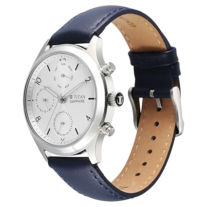 Titan Sapphire Men's Multifunction Watch Analog Silver Dial with Blue Leather Strap, 1874SL04