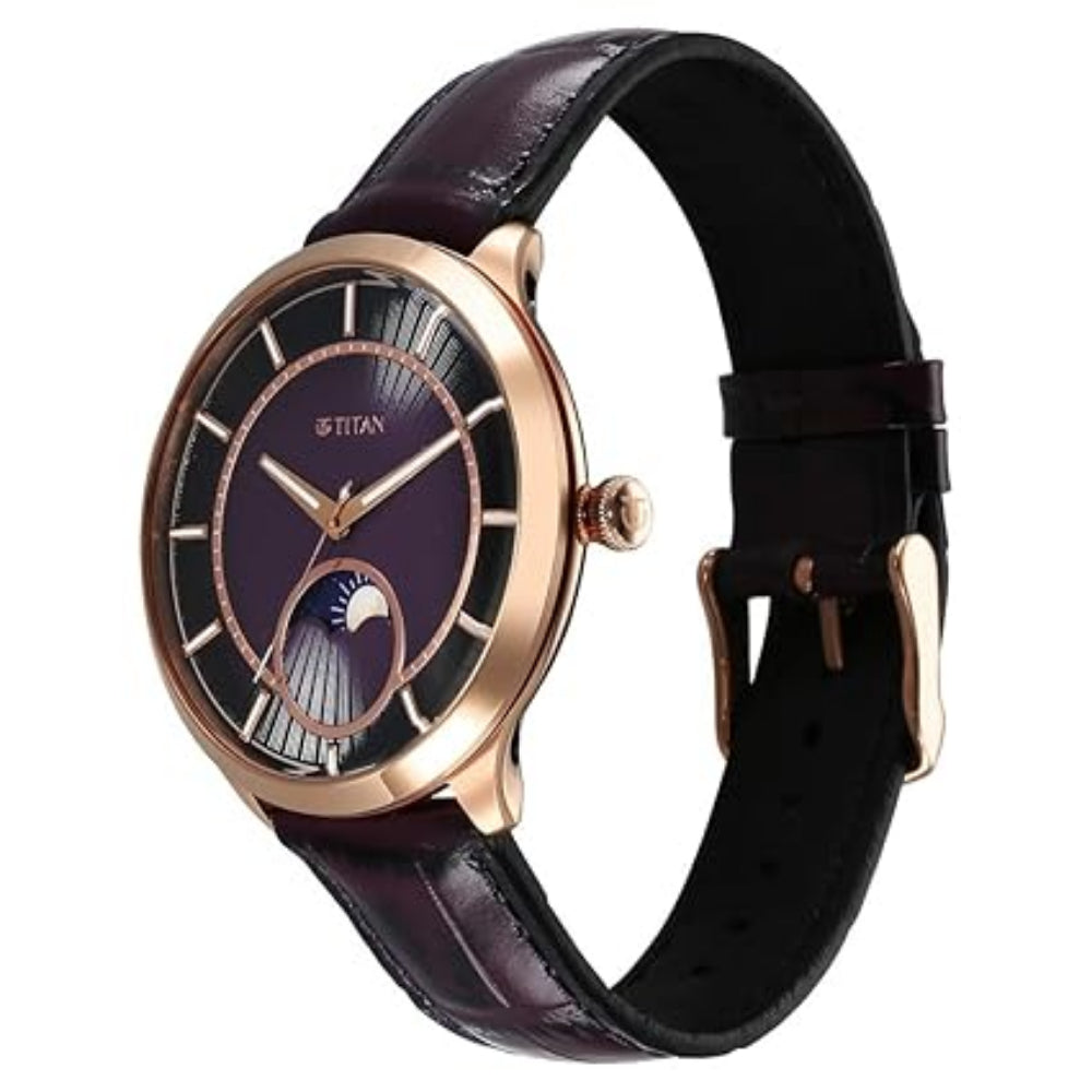 Titan Caelum Sun Moon Sub-Dial in Imperial Purple - Stellar Edition Men's Watch with Purple Leather Strap, 10028WL01
