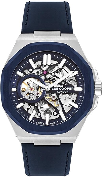 Lee Cooper Men's Automatic Skeleton Watch Dark Blue Dial With Blue Leather Strap,LC07978.399