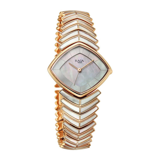 Titan Raga Women's Quartz Analog Watch, Mother Of Pearl Dial, Gold Metal Strap, TI-95393WM03