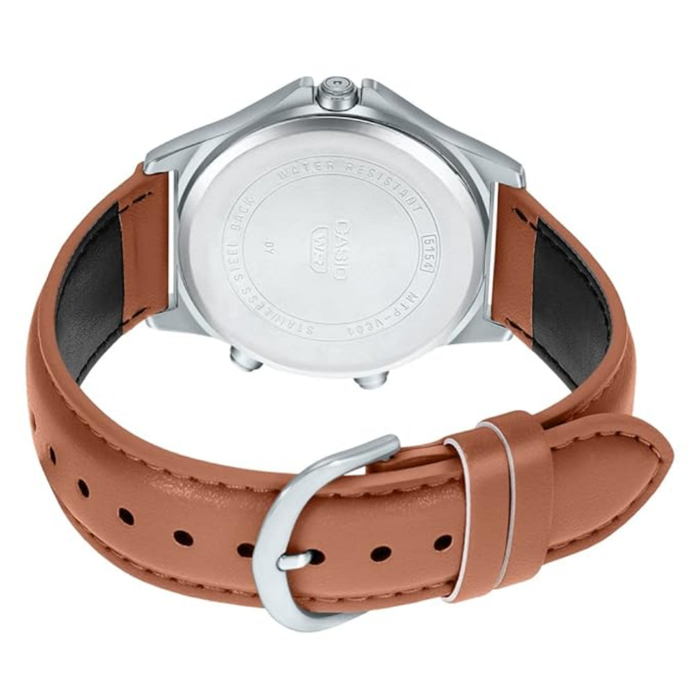 Casio, Men's Watch Analog-Digital, White Dial Brown Leather Band, MTP-VC01L-7EUDF