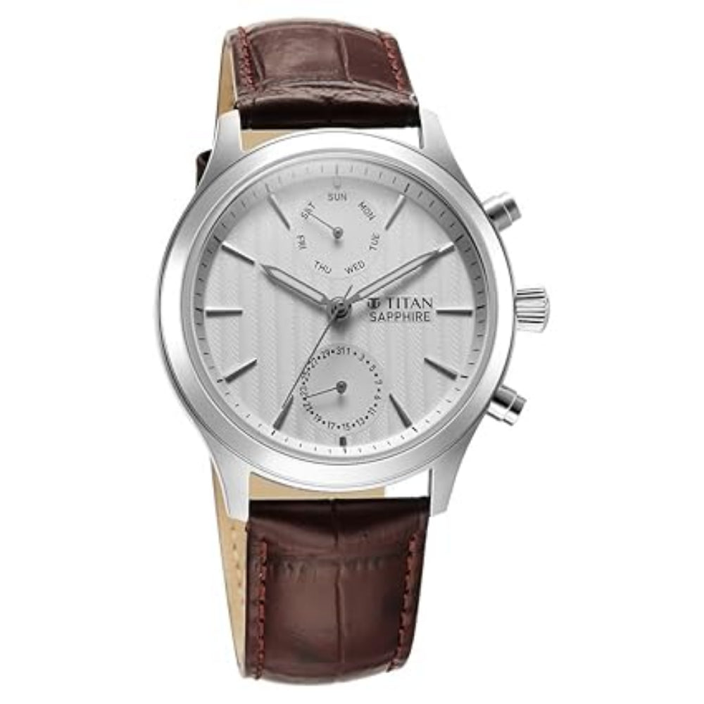 Titan Sapphire Men's Multifunction Watch Analog White Dial with Brown Leather Strap, 1874SL03