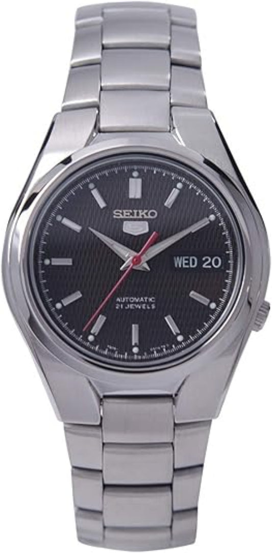 Seiko 21 Jewels Men's Automatic Watch Analog Black Dial with Silver Stainless Steel Band, SNK607K authentic Seiko watch with original box and warranty papers