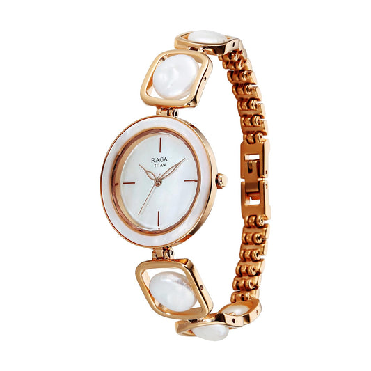Titan Raga Women's Quartz Analog Watch, Titan Raga Women Analog Mother Of Pearl Dial, Rose Gold Stainless Steel Strap, TI-95250WM02