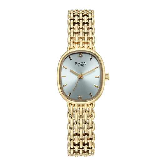 Titan Raga Spotlight Women's Quartz Analog Watch, Tiffany Blue Dial, Gold Metal Strap, TI-95430YM01