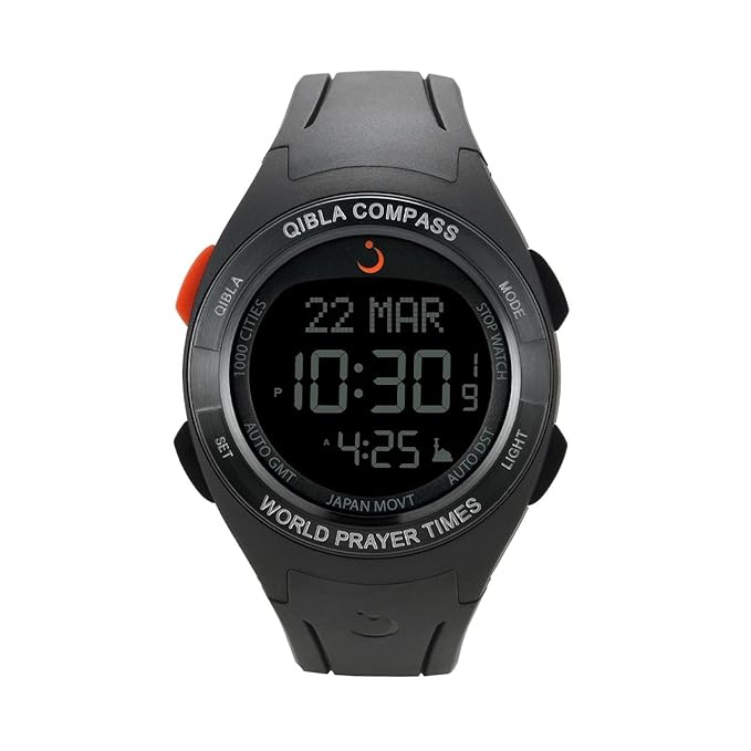 Alfajr Islamic Prayer Mens Watch Digital With Black Rubber Strap, WQ-18BLACK