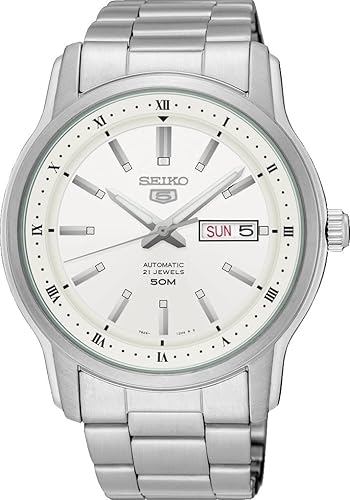 Seiko 21 Jewels Men's Automatic Watch Analog White Dial with Silver Stainless Steel Band, SNKK09J