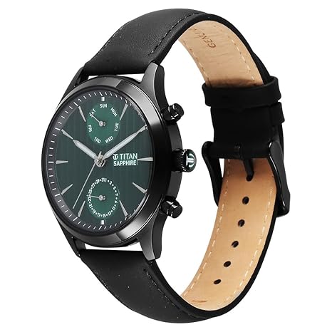 Titan Sapphire Men's Multifunction Watch Analog Green Dial with Black Leather Band, 1874NL01