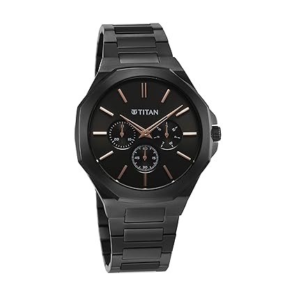 Titan Classic Slim Men's Multifunction Watch Black Dial with Black Stainless Steel Band, 90198NM01